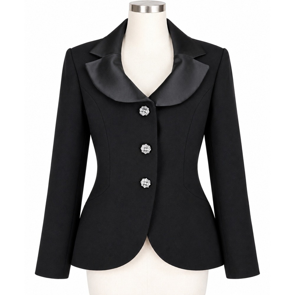 M.Daquin Paris Black Wool Blazer Sz 38 US 6 Fitted Satin Collar Jeweled Buttons